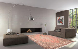 Tappeto classico rosa e beige con motivi floreali in un soggiorno contemporaneo