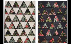 Due varianti di tappeto moderno geometrico con triangoli e motivi floreali
