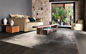 Tappeto moderno astratto grigio e crema in un soggiorno rustico contemporaneo