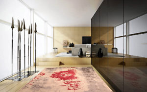 Tappeto moderno astratto crema, rosso e grigio in un interno contemporaneo
