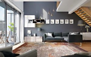 Tappeto moderno astratto grigio, crema, ocra e bordeaux in un soggiorno elegante
