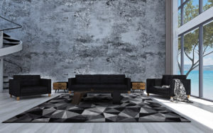 Tappeto moderno geometrico nero e grigio in un soggiorno contemporaneo