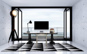 Tappeto moderno geometrico nero e bianco in uno studio minimalista