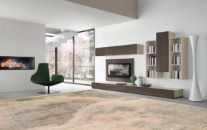 Tappeto moderno beige, grigio e verde con motivo classico destrutturato in un soggiorno minimalista