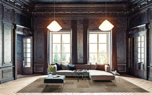 Tappeto moderno patchwork beige e marrone in un soggiorno elegante