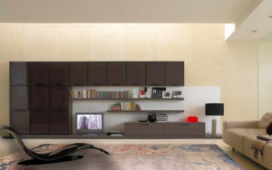 Tappeto moderno astratto beige, crema e grigio in un interno contemporaneo